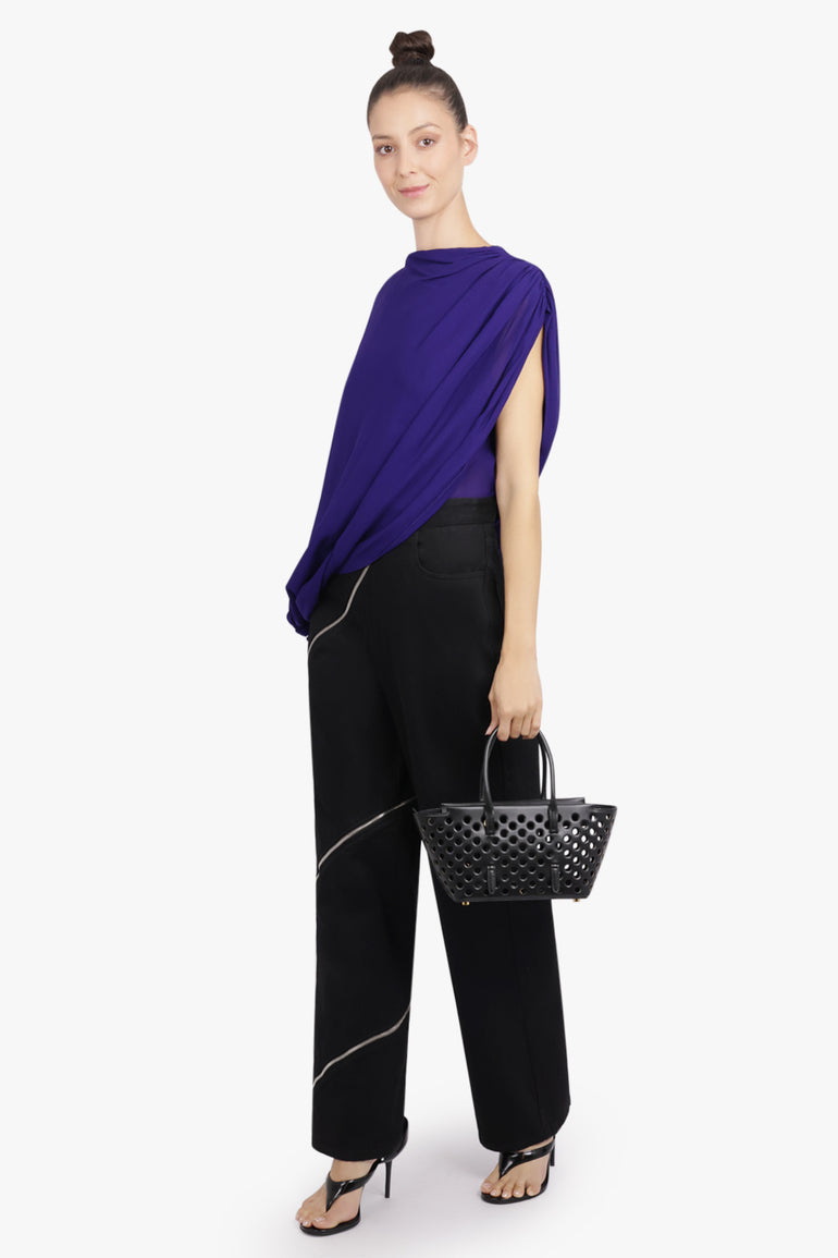 ALAIA RTW Spiral Zip Detail Denim Straight Leg Pant | Black