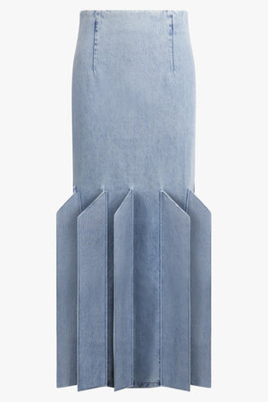 AWAKE MODE RTW Panel 3D Detail Midi Denim Skirt | Mid Blue