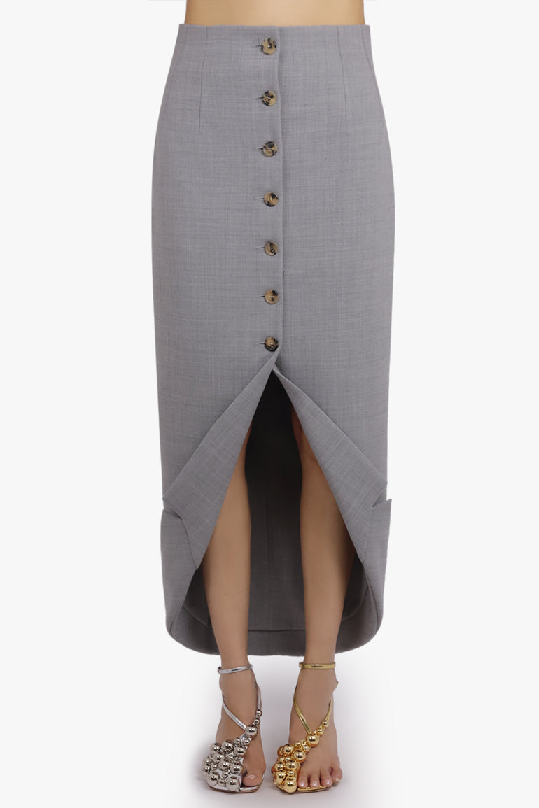 AWAKE MODE RTW Tailored Button Front Midi Skirt  | Grey