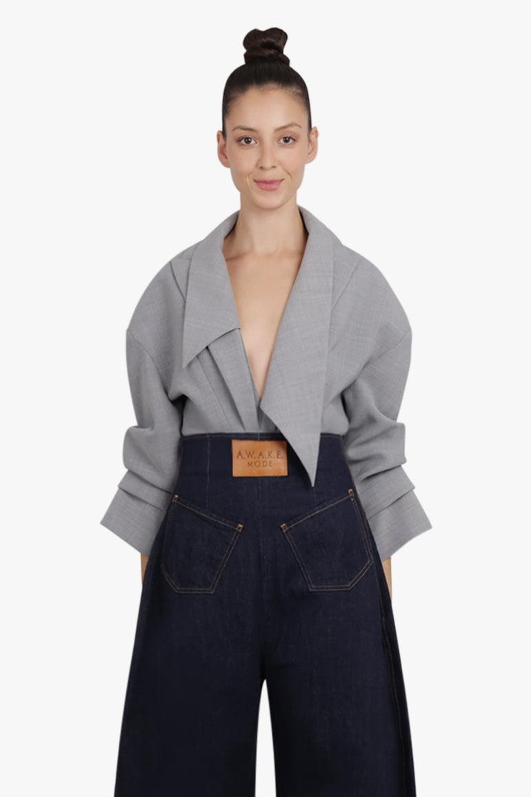 AWAKE MODE RTW Tailored L/S Bodysuit With Oversized Collar | Grey