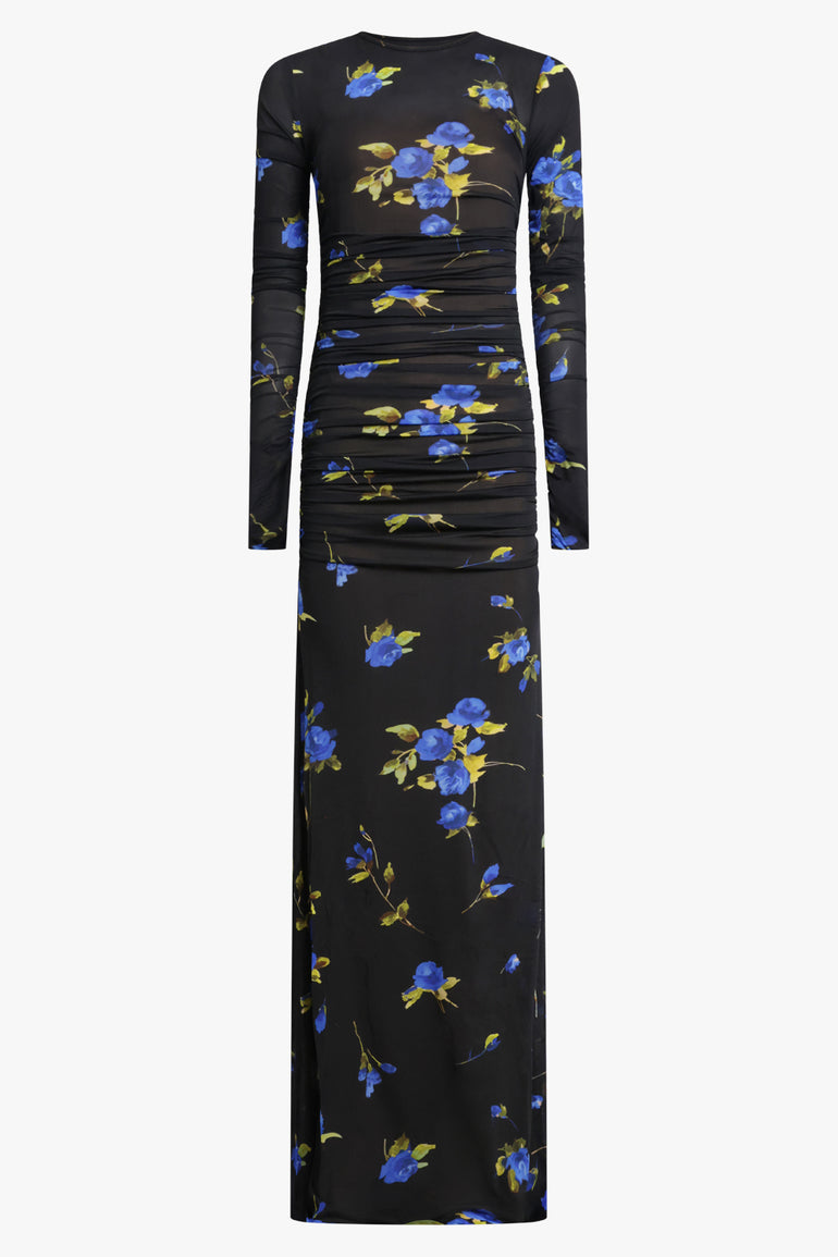 BLUMARINE RTW Floral Print L/S Maxi Dress | Black/Blue