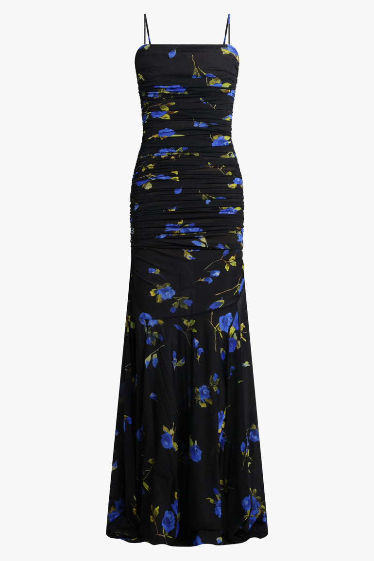 BLUMARINE RTW Floral Print Sleeveless Maxi Dress | Black/Blue