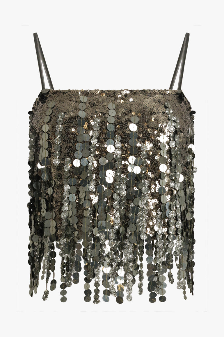 BLUMARINE RTW Sequin Sleeveless Crop Top | Bark Green Shine