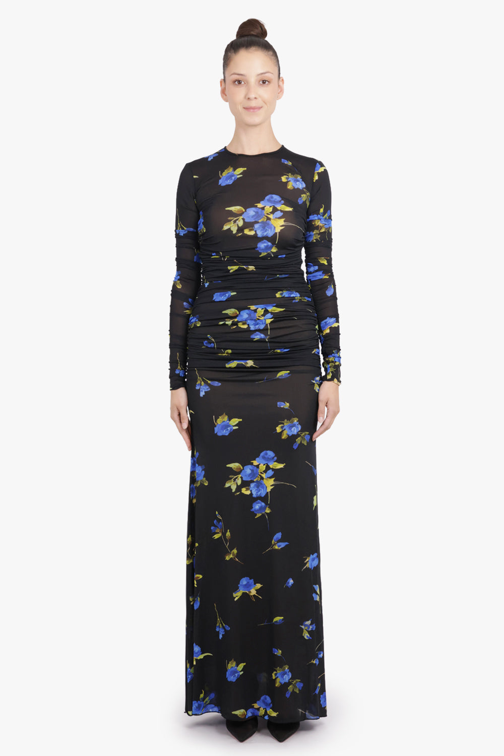 BLUMARINE RTW Floral Print L/S Maxi Dress | Black/Blue