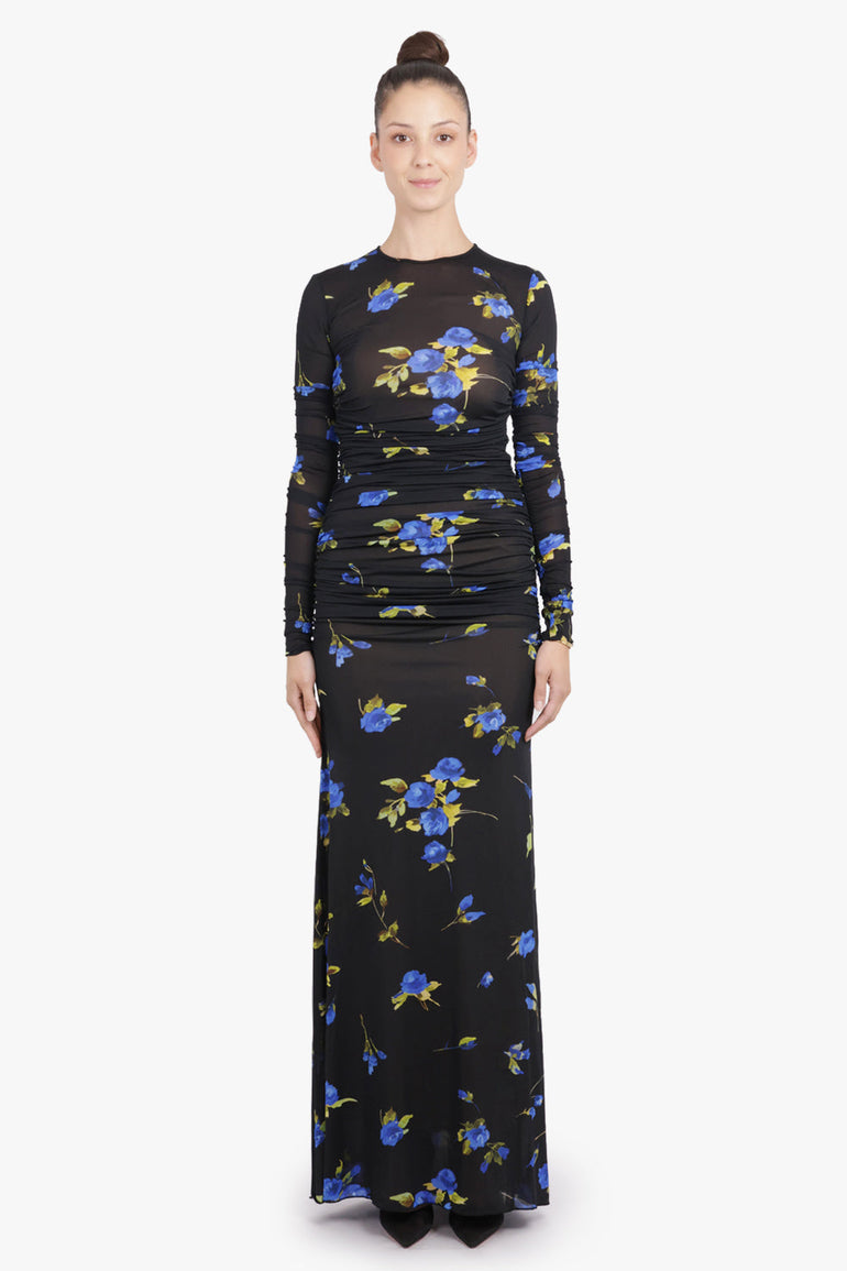 BLUMARINE RTW Floral Print L/S Maxi Dress | Black/Blue