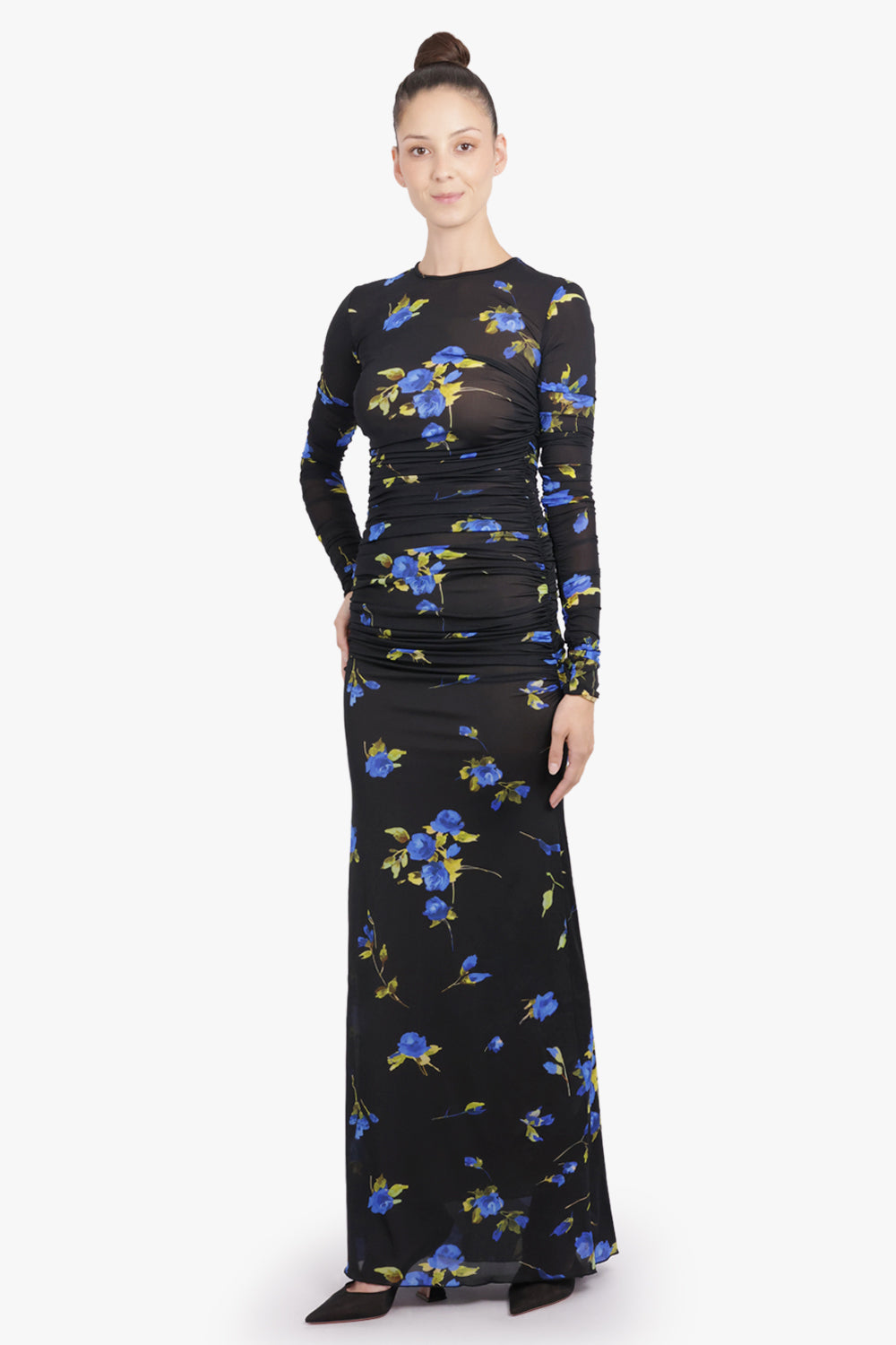 BLUMARINE RTW Floral Print L/S Maxi Dress | Black/Blue