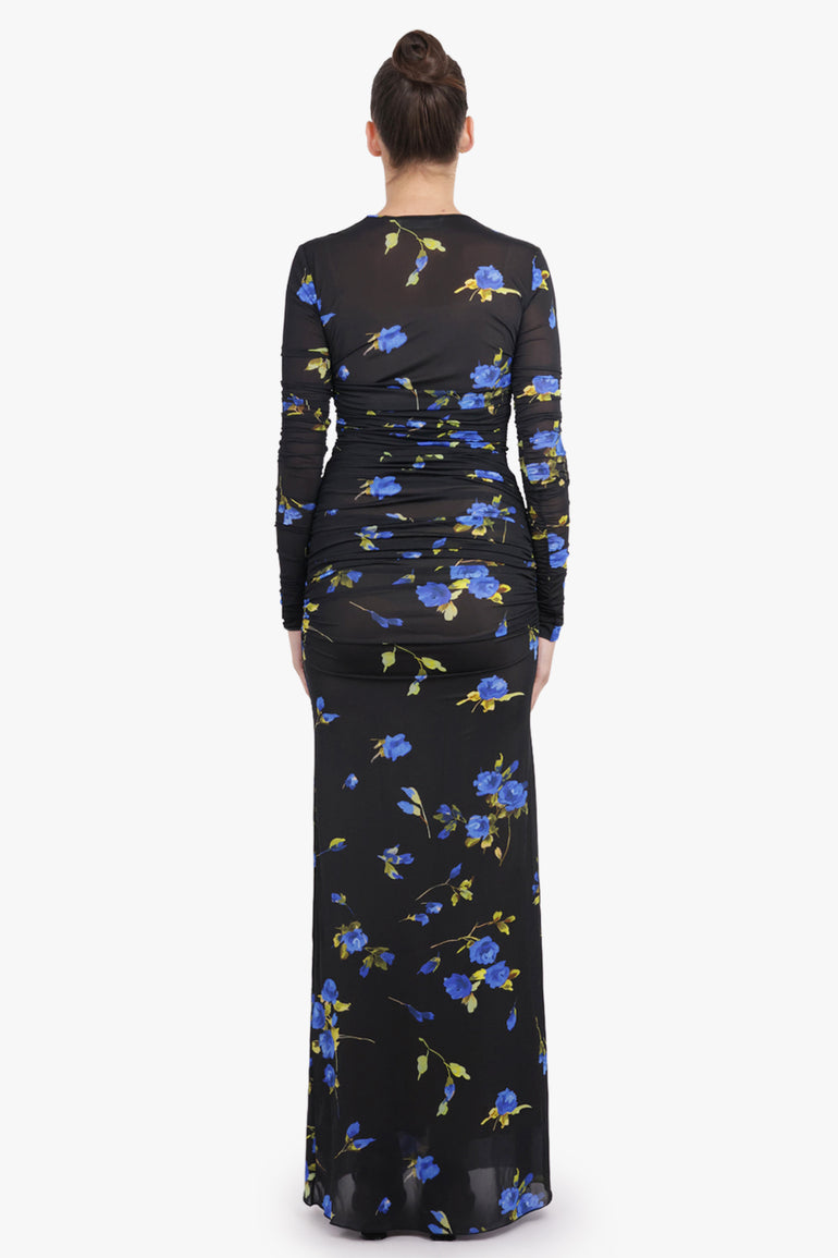 BLUMARINE RTW Floral Print L/S Maxi Dress | Black/Blue
