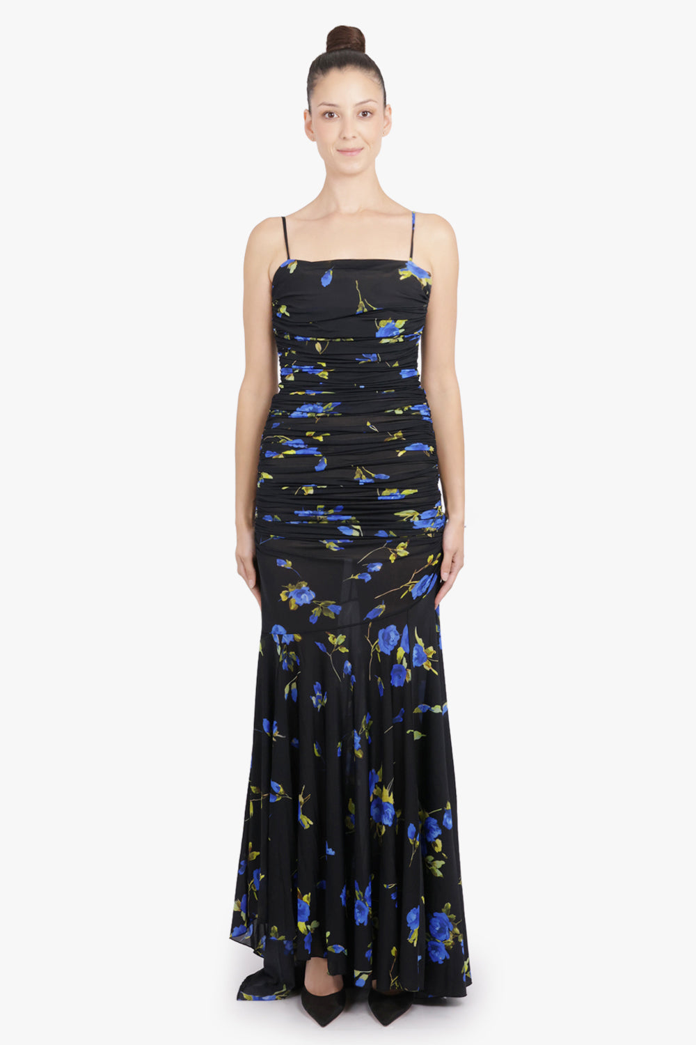 BLUMARINE RTW Floral Print Sleeveless Maxi Dress | Black/Blue