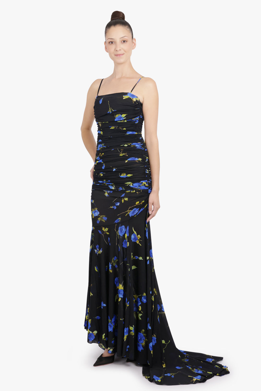 BLUMARINE RTW Floral Print Sleeveless Maxi Dress | Black/Blue