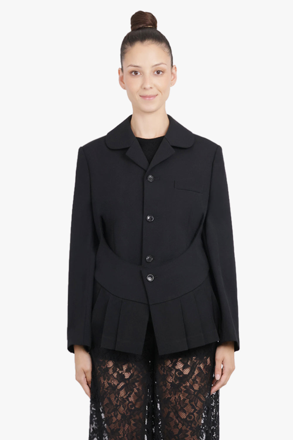 COMME DES GARCONS RTW Layered Rounded Slit Jacket With Pleated Peplum Detail | Black