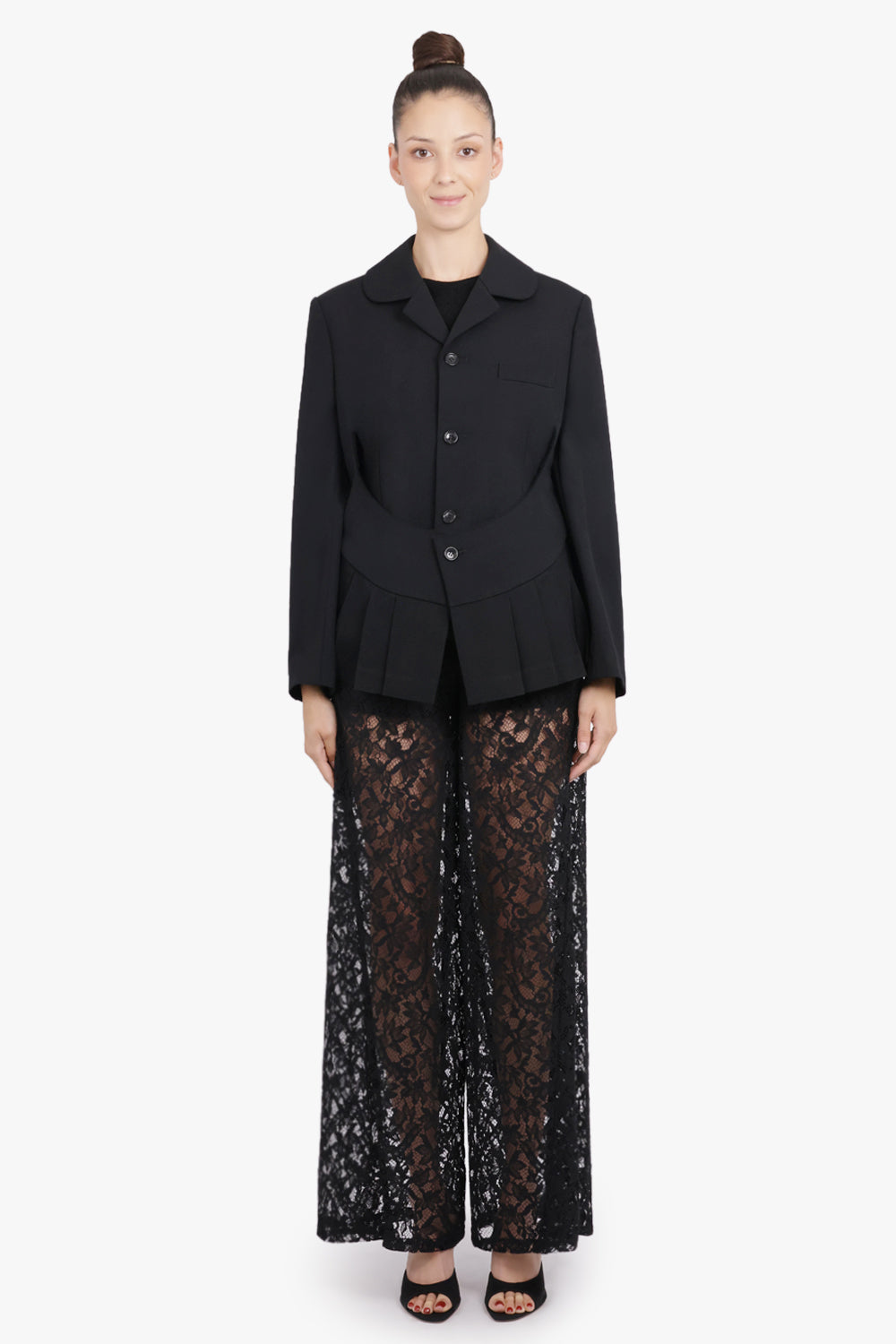 COMME DES GARCONS RTW Layered Rounded Slit Jacket With Pleated Peplum Detail | Black