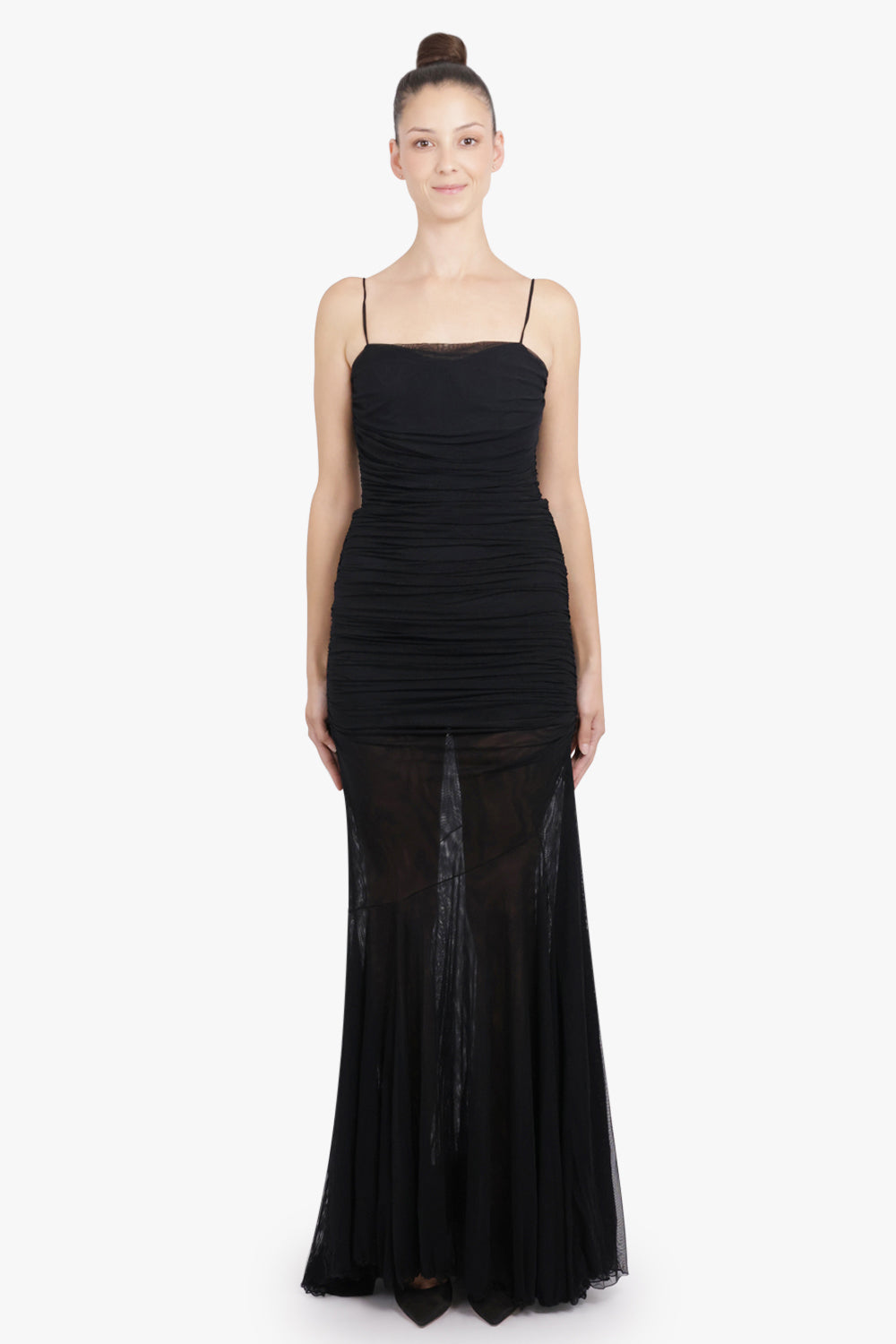 BLUMARINE RTW Ruched Mini Dress With Sheer Maxi Skirt | Black