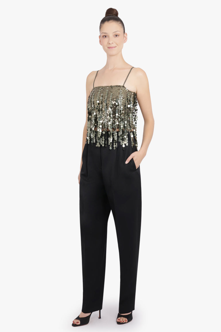 BLUMARINE RTW Sequin Sleeveless Crop Top | Bark Green Shine