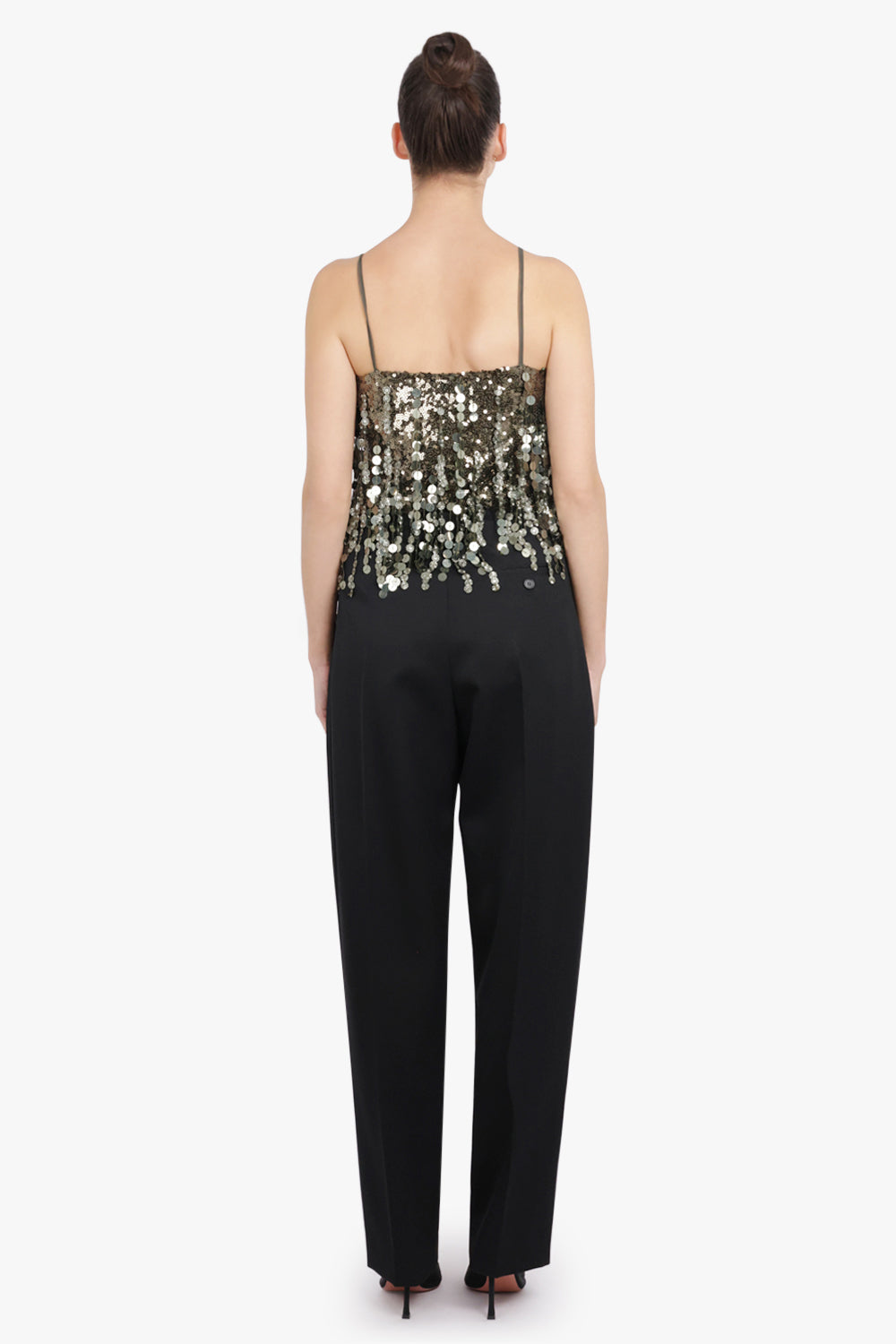 BLUMARINE RTW Sequin Sleeveless Crop Top | Bark Green Shine