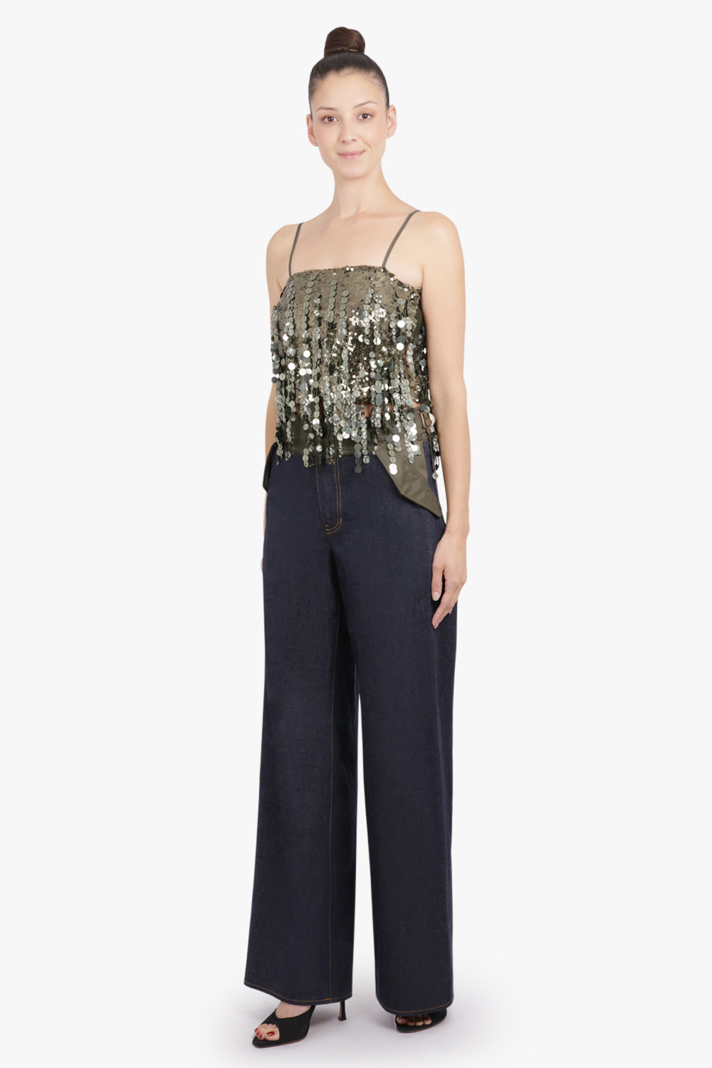 BLUMARINE RTW Sequin Sleeveless Crop Top | Bark Green Shine