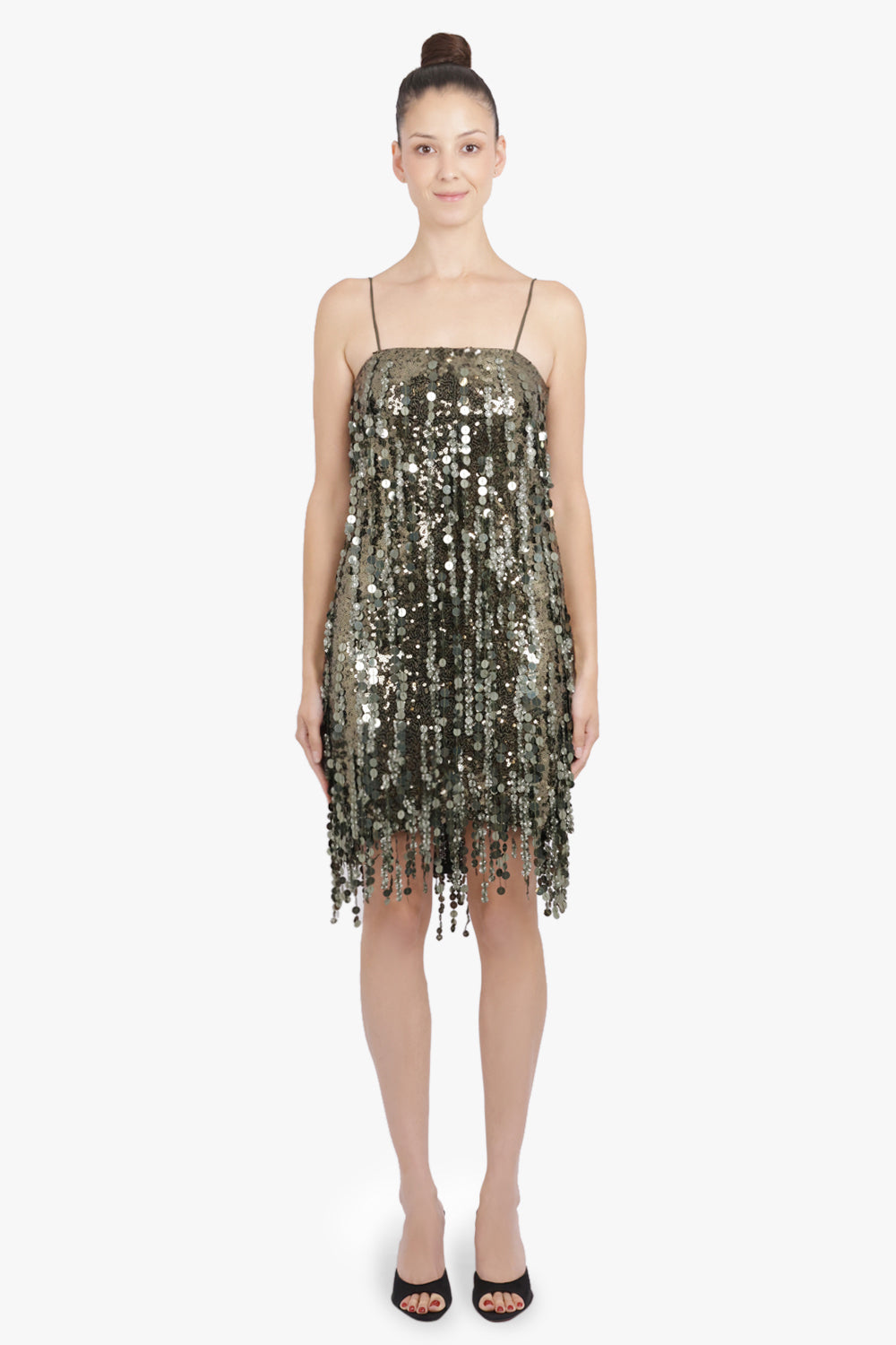 BLUMARINE RTW Sequin Sleeveless Mini Dress | Bark Green Shine