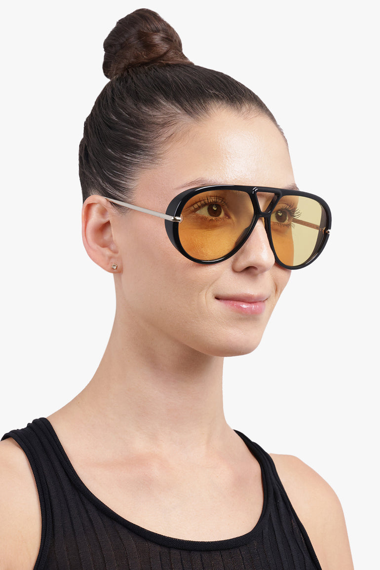 BOTTEGA VENETA Accessories Black / Black/Yellow BV1274S Round Aviator Sunglasses | Black/Yellow