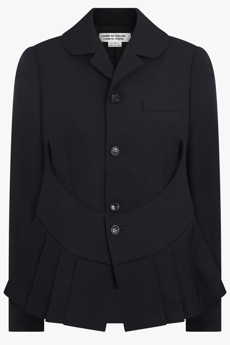 COMME DES GARCONS RTW Layered Rounded Slit Jacket With Pleated Peplum Detail | Black