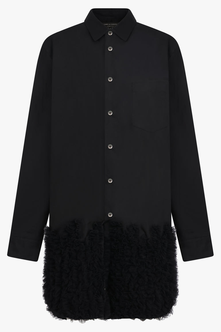 COMME DES GARCONS HOMME PLUS RTW L/S Shirt Dress With Ruffle Tulle Hem Detail | Black