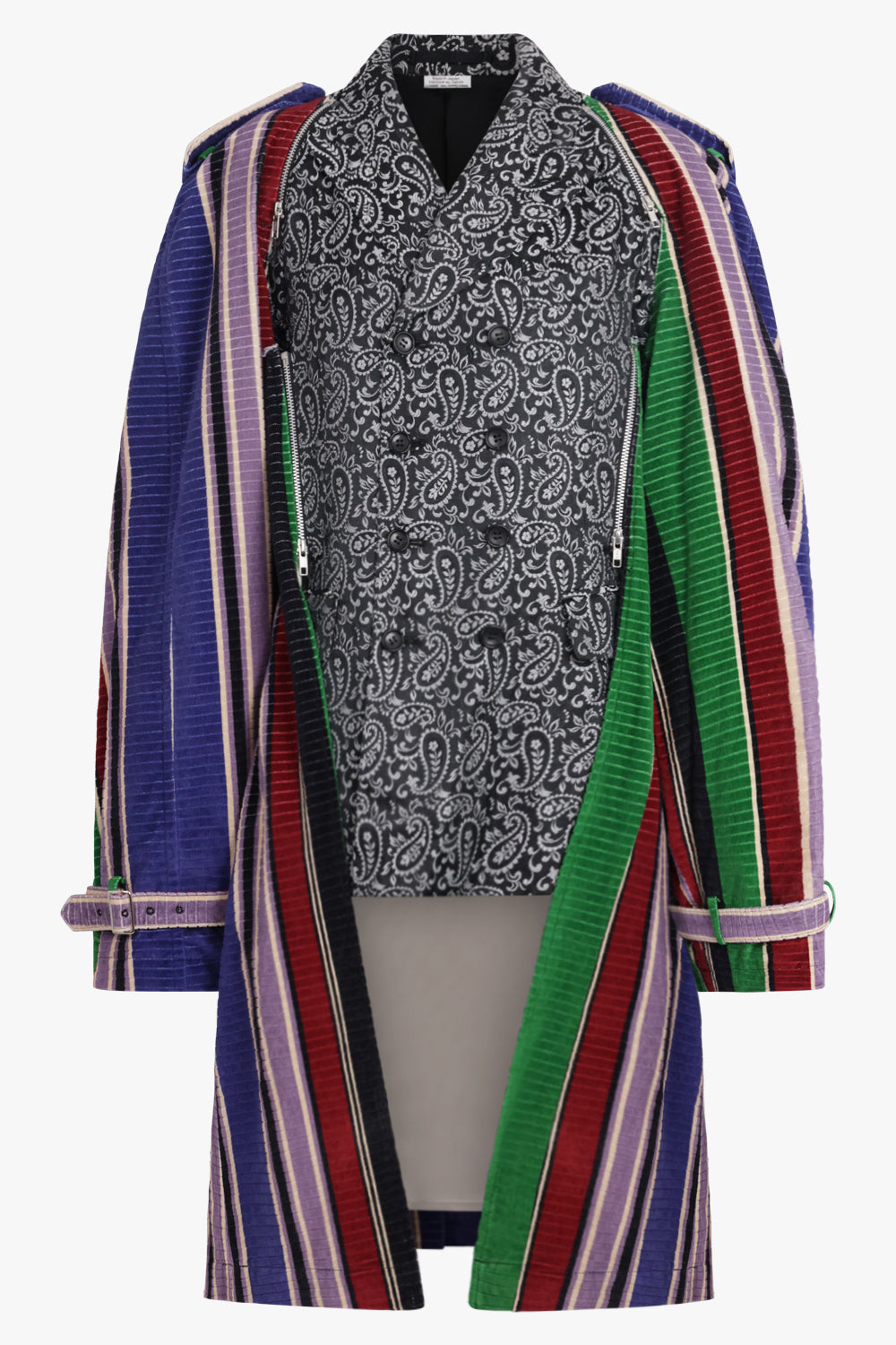 COMME DES GARCONS HOMME PLUS RTW Paisley Print Jacket With Overlay Stripe Velvet Trench Style Coat | Black/White/Multi