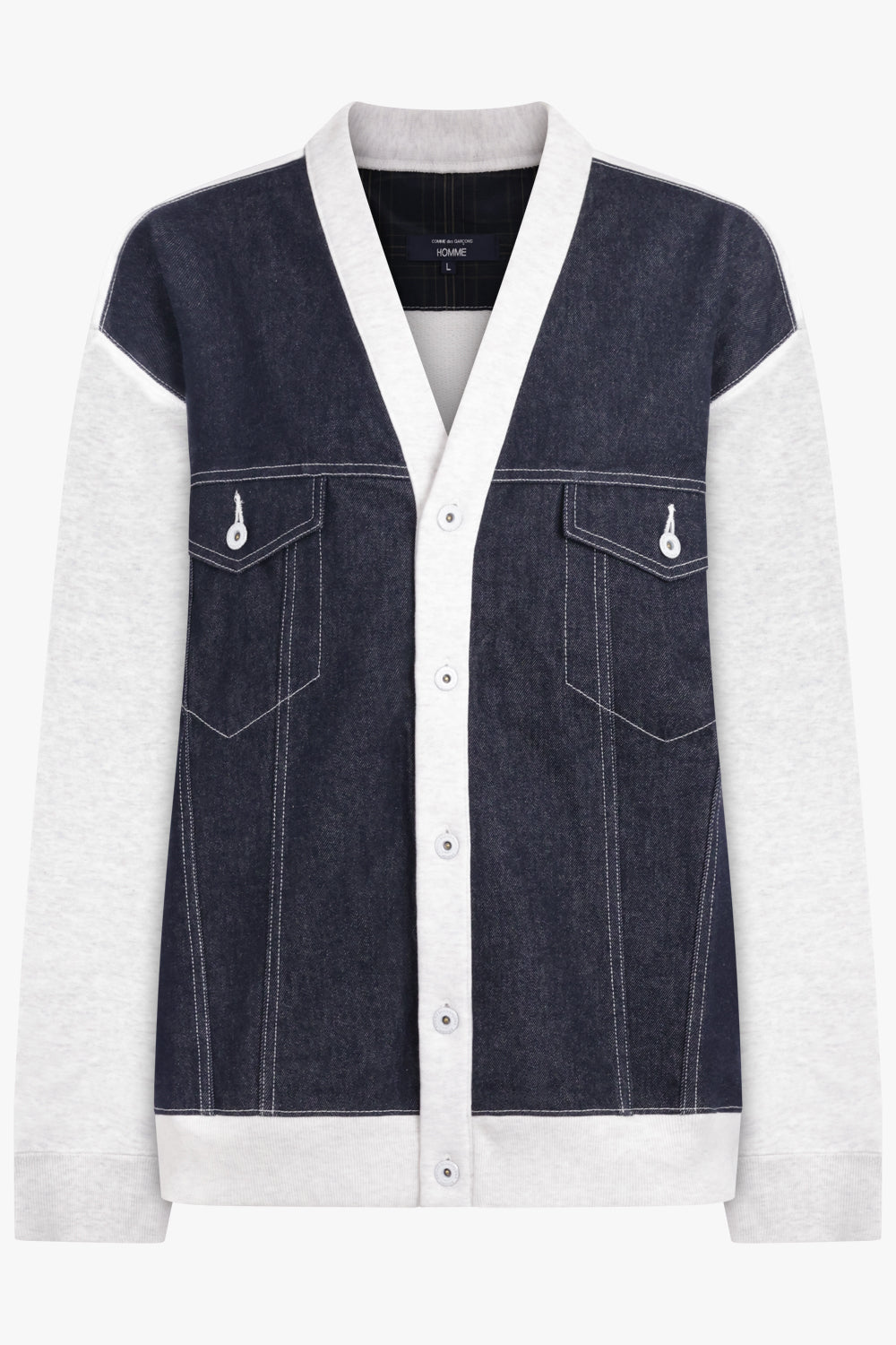 COMME DES GARCONS HOMME RTW L/S Cardigan Sweatshirt With Denim Vest Overlay | White/Indigo