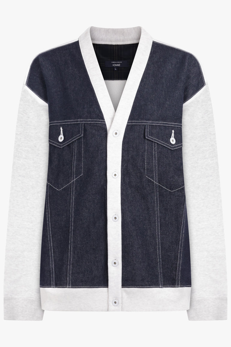 COMME DES GARCONS HOMME RTW L/S Cardigan Sweatshirt With Denim Vest Overlay | White/Indigo