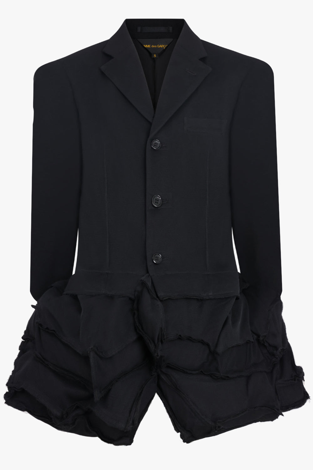 COMME DES GARCONS RTW Deconstruct Asymmetric Jacket With Tulle Hem Detail | Black
