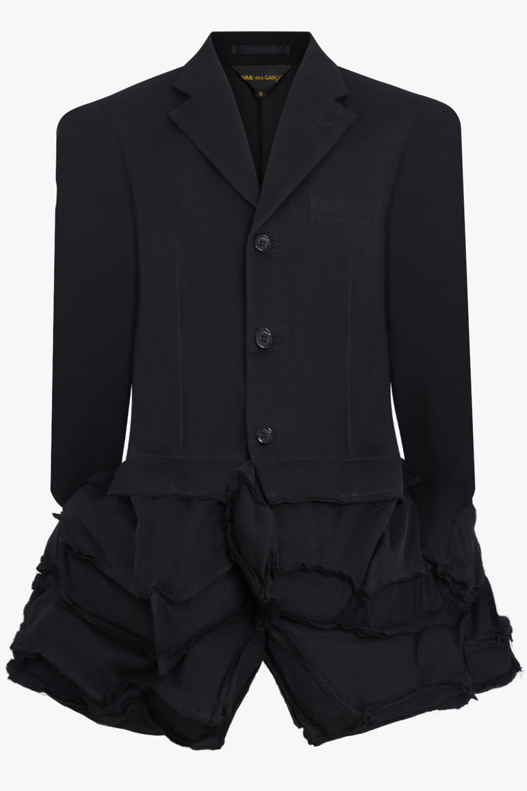 COMME DES GARCONS RTW Deconstruct Asymmetric Jacket With Tulle Hem Detail | Black