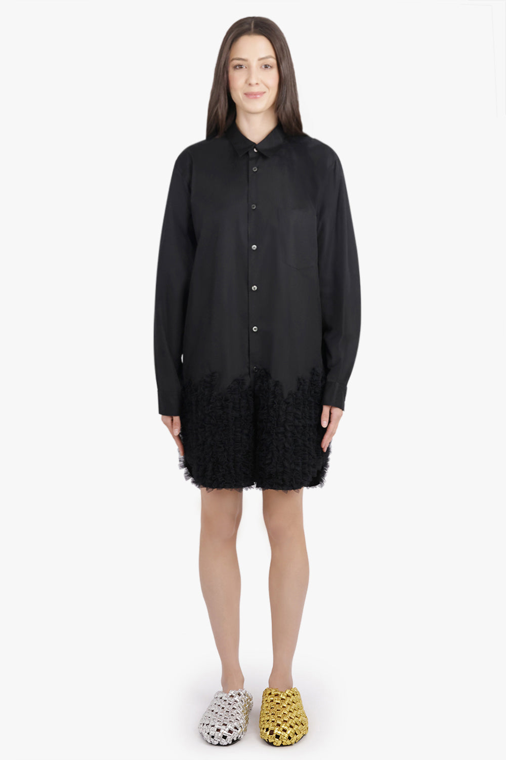 COMME DES GARCONS HOMME PLUS RTW L/S Shirt Dress With Ruffle Tulle Hem Detail | Black