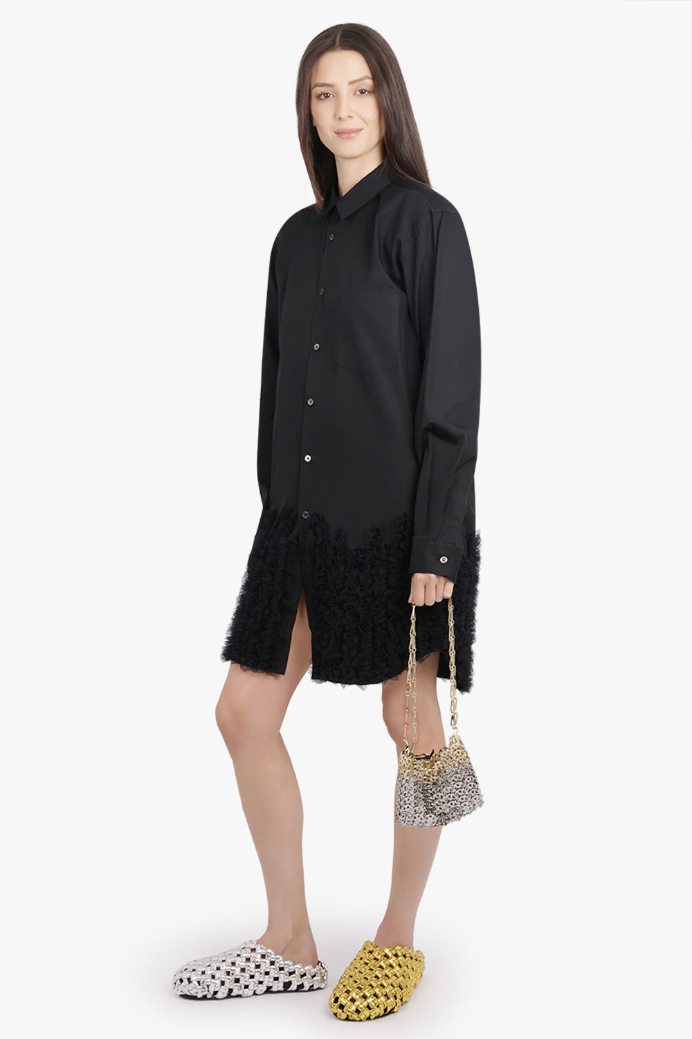 COMME DES GARCONS HOMME PLUS RTW L/S Shirt Dress With Ruffle Tulle Hem Detail | Black