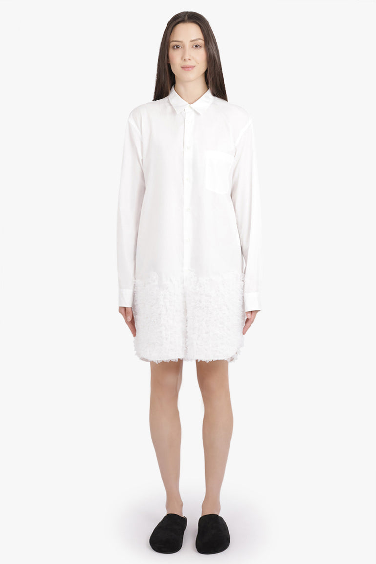 COMME DES GARCONS HOMME PLUS RTW L/S Shirt Dress With Ruffle Tulle Hem Detail | White