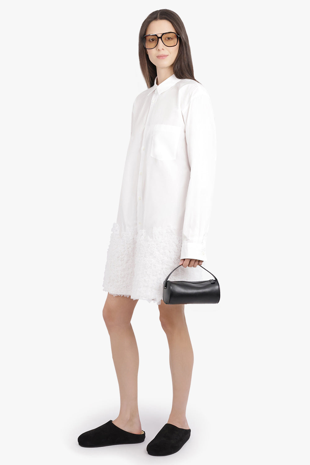 COMME DES GARCONS HOMME PLUS RTW L/S Shirt Dress With Ruffle Tulle Hem Detail | White