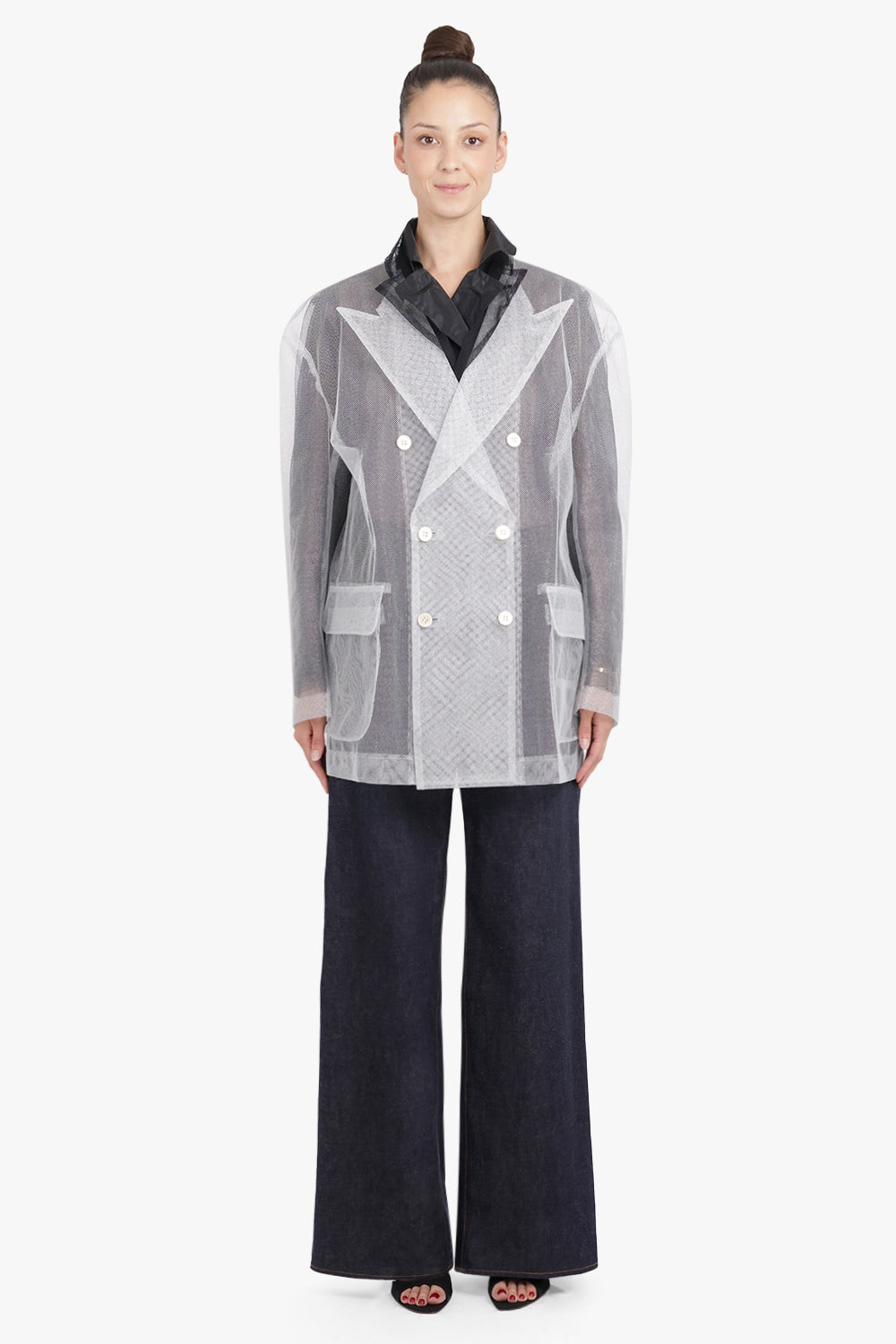 Layered Double Breasted Tulle X Organza Jacket | Black/Silver