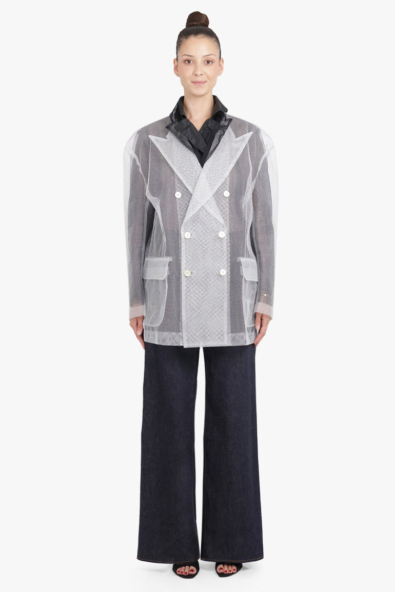 COMME DES GARCONS RTW Layered Double Breasted Tulle X Organza Jacket | Black/Silver