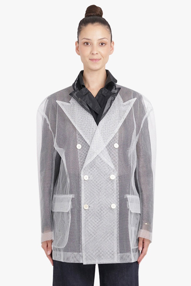 COMME DES GARCONS RTW Layered Double Breasted Tulle X Organza Jacket | Black/Silver