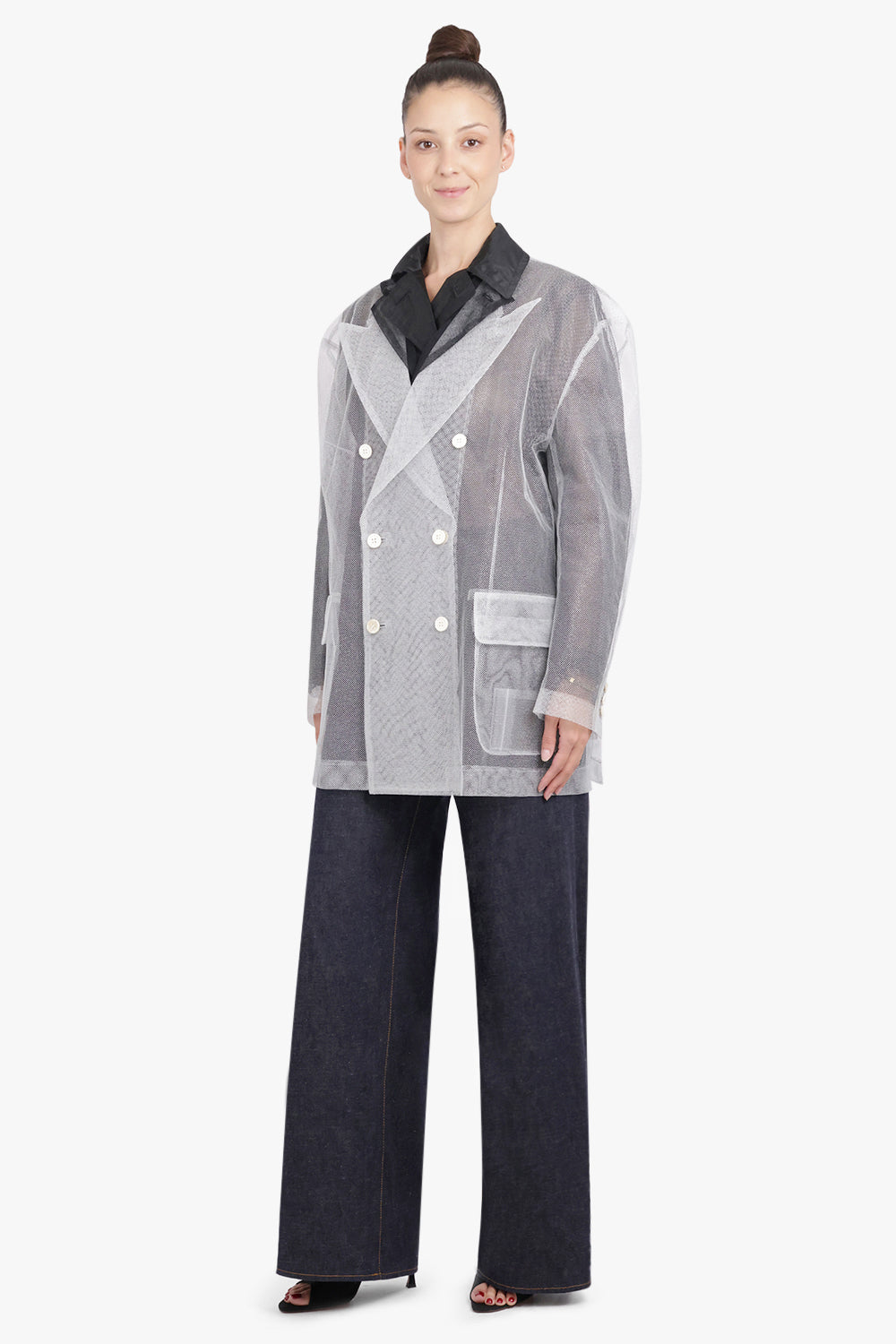 COMME DES GARCONS RTW Layered Double Breasted Tulle X Organza Jacket | Black/Silver