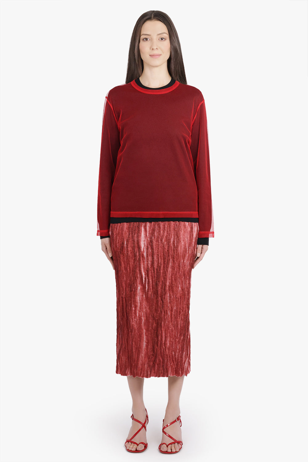 COMME DES GARCONS RTW Layered Tulle Overlay L/S Knitted Top | Black/Red