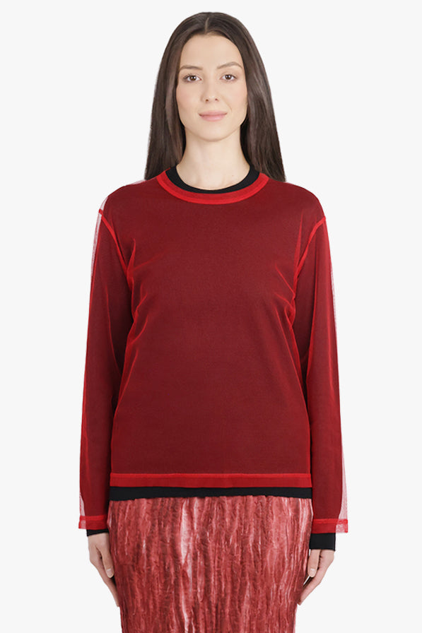 COMME DES GARCONS RTW Layered Tulle Overlay L/S Knitted Top | Black/Red