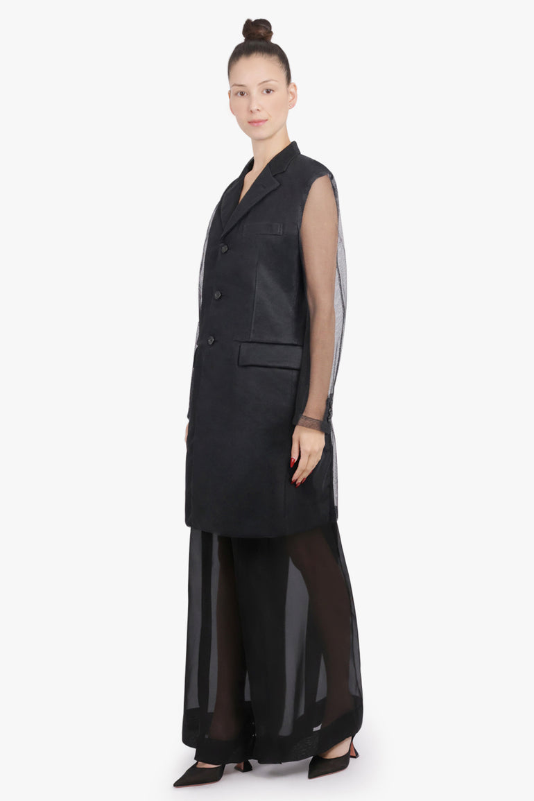 COMME DES GARCONS RTW Tulle Overlay Tailored Long Coat With Sheer Sleeves | Black
