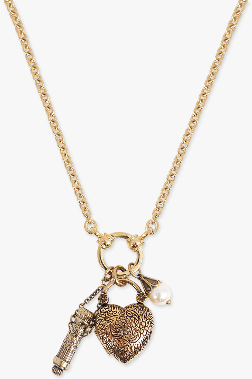 CHLOE JEWELLERY GOLD / Vintage Gold Glass Pearl Heart Charm Necklace | Vintage Gold