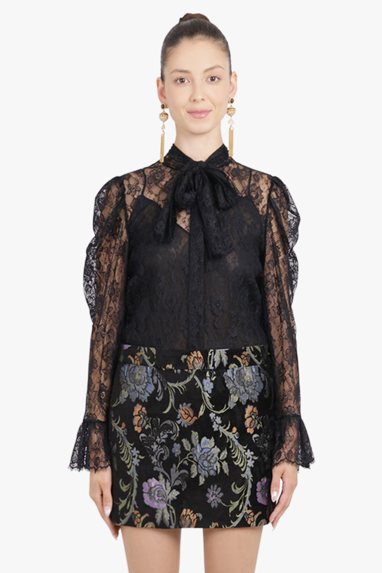 CHLOE RTW Jacquard Floral Lace Neck Tie Blouse | Black