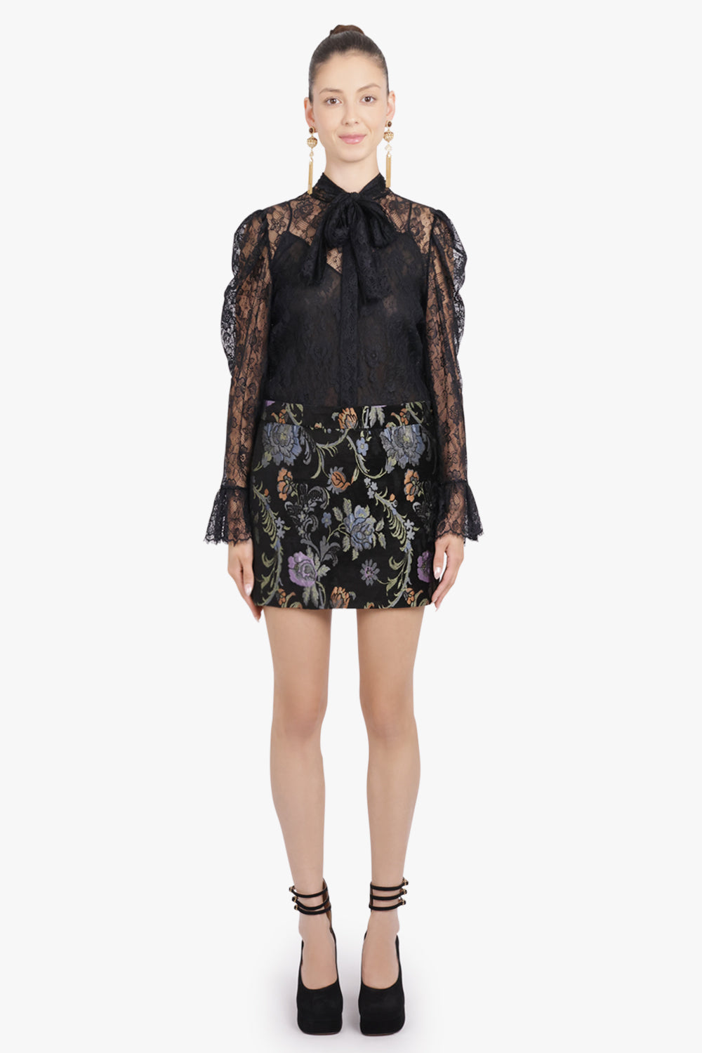 CHLOE RTW Jacquard Floral Lace Neck Tie Blouse | Black