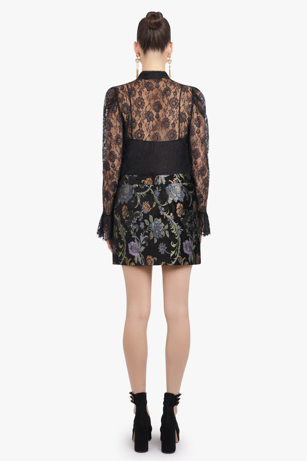 CHLOE RTW Jacquard Floral Lace Neck Tie Blouse | Black