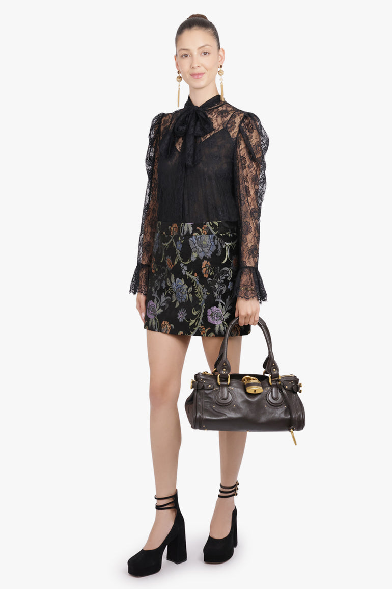 CHLOE RTW Jacquard Floral Lace Neck Tie Blouse | Black