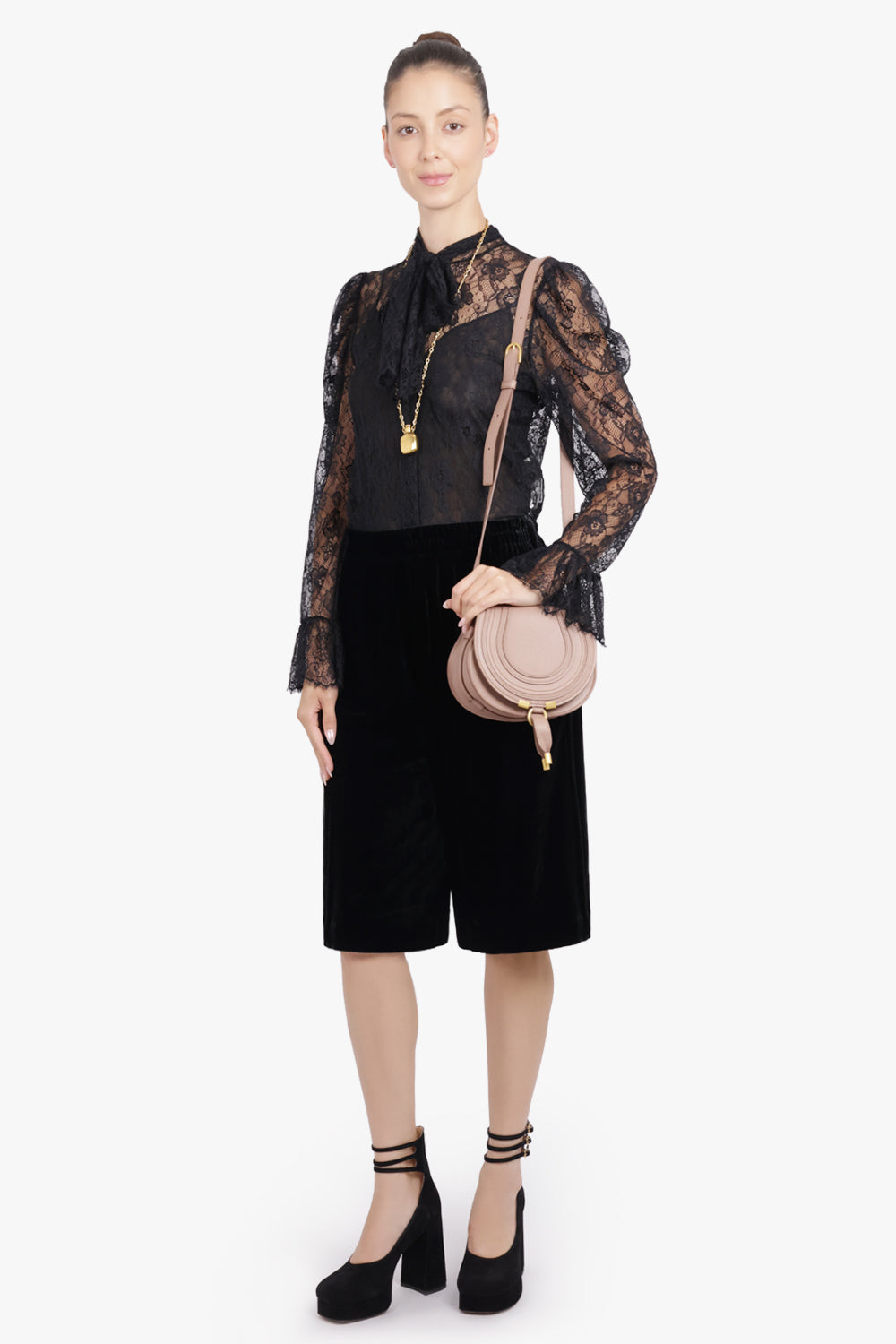 CHLOE RTW Jacquard Floral Lace Neck Tie Blouse | Black