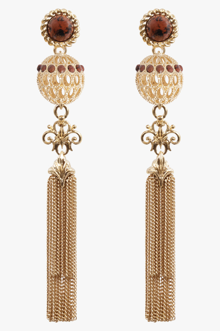CHLOE JEWELLERY SILVER / Gold/Brown Obsidian Tassle Earrings | Gold/Brown