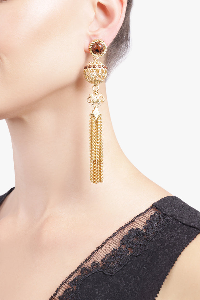CHLOE JEWELLERY SILVER / Gold/Brown Obsidian Tassle Earrings | Gold/Brown