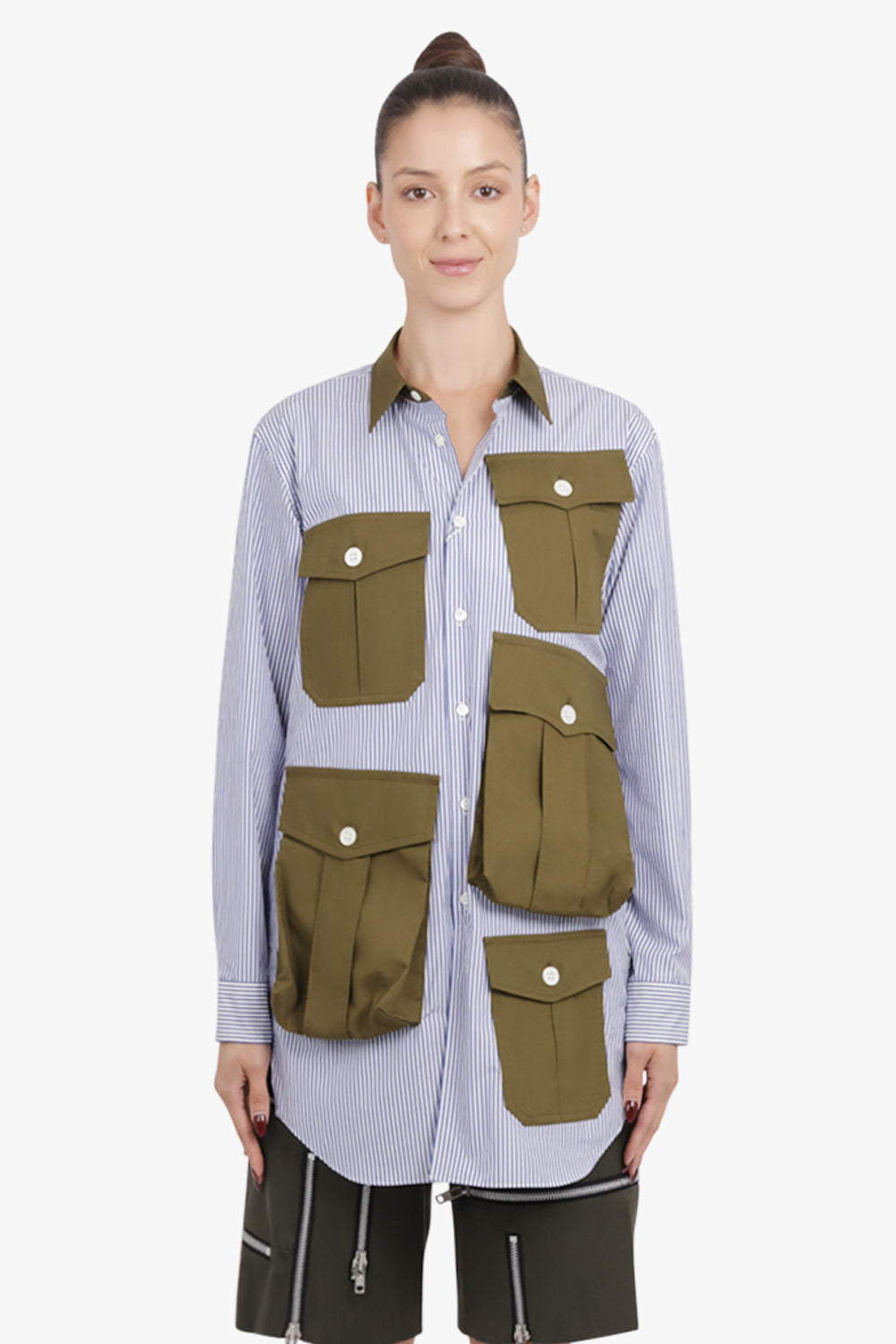 COMME DES GARCONS HOMME PLUS RTW L/S Stripe Pocket Detail Shirt Dress | Navy/White/Khaki