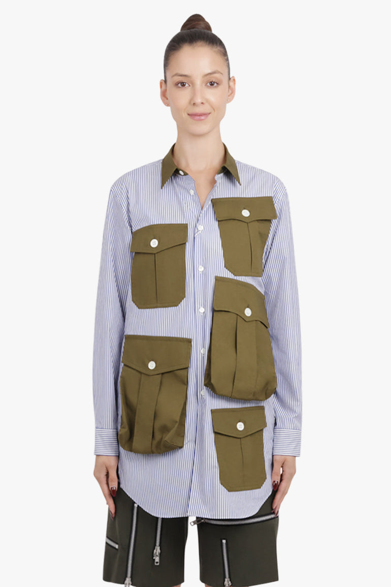 COMME DES GARCONS HOMME PLUS RTW L/S Stripe Pocket Detail Shirt Dress | Navy/White/Khaki