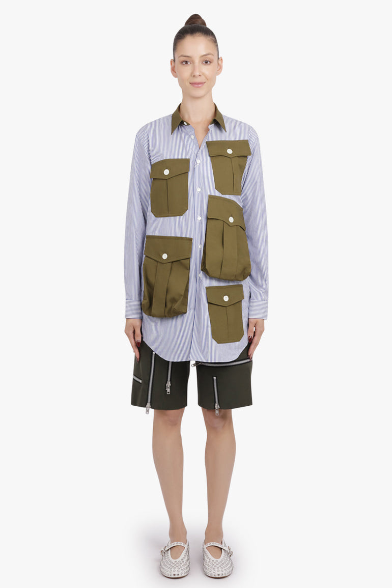 COMME DES GARCONS HOMME PLUS RTW L/S Stripe Pocket Detail Shirt Dress | Navy/White/Khaki